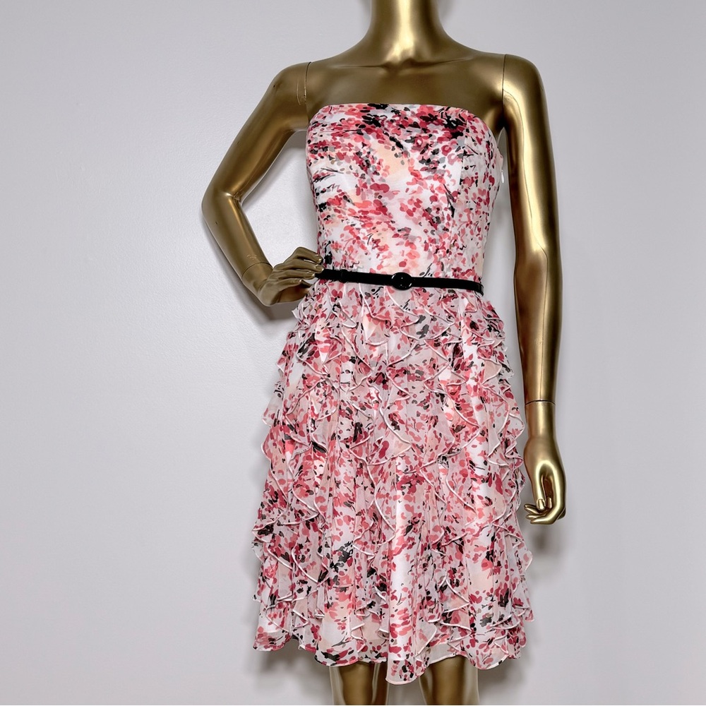 White House Black Market Pink and White Ruffled Tiered Strapless Dress